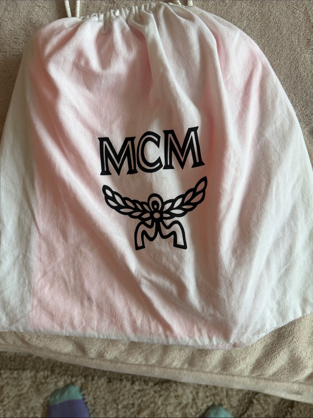 MCM Pink and White Logo Drawstring Dust Bag